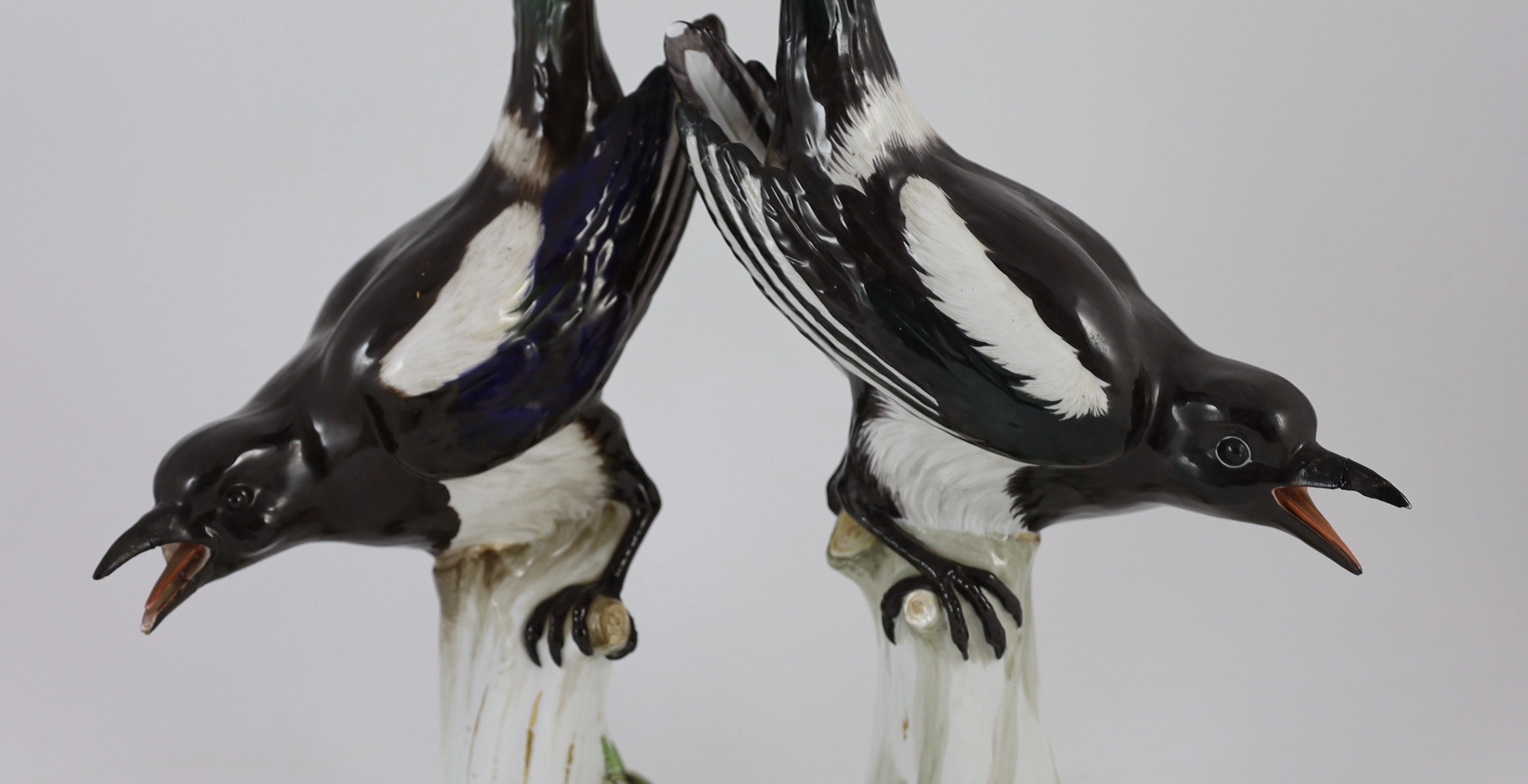 A pair of large Meissen figures of magpies, late 19th century, Tallest 53.5 cm, restorations